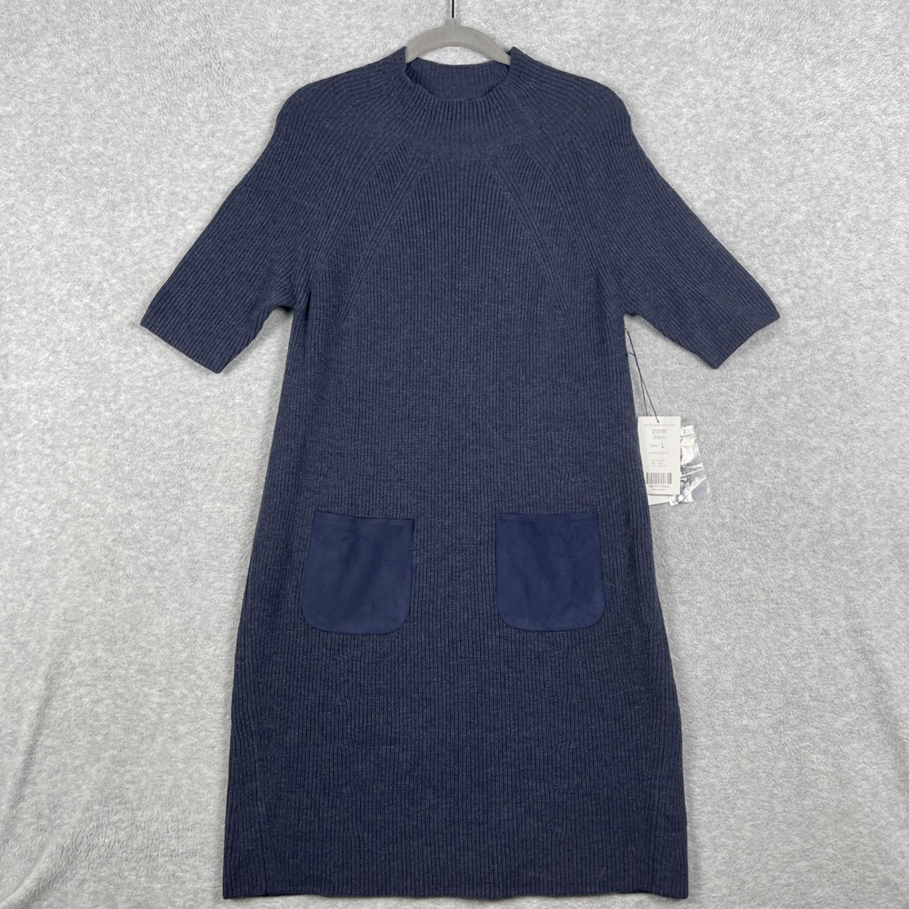 Etcetera Knit Sweater Dress Womens L Wool Blend Gray Blue Ribbed Stretch